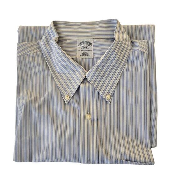 Brooks Brothers Mens Stripe Slim Fit Non-Iron Button Down Shirt Blue Size 17.5 - Picture 5 of 12